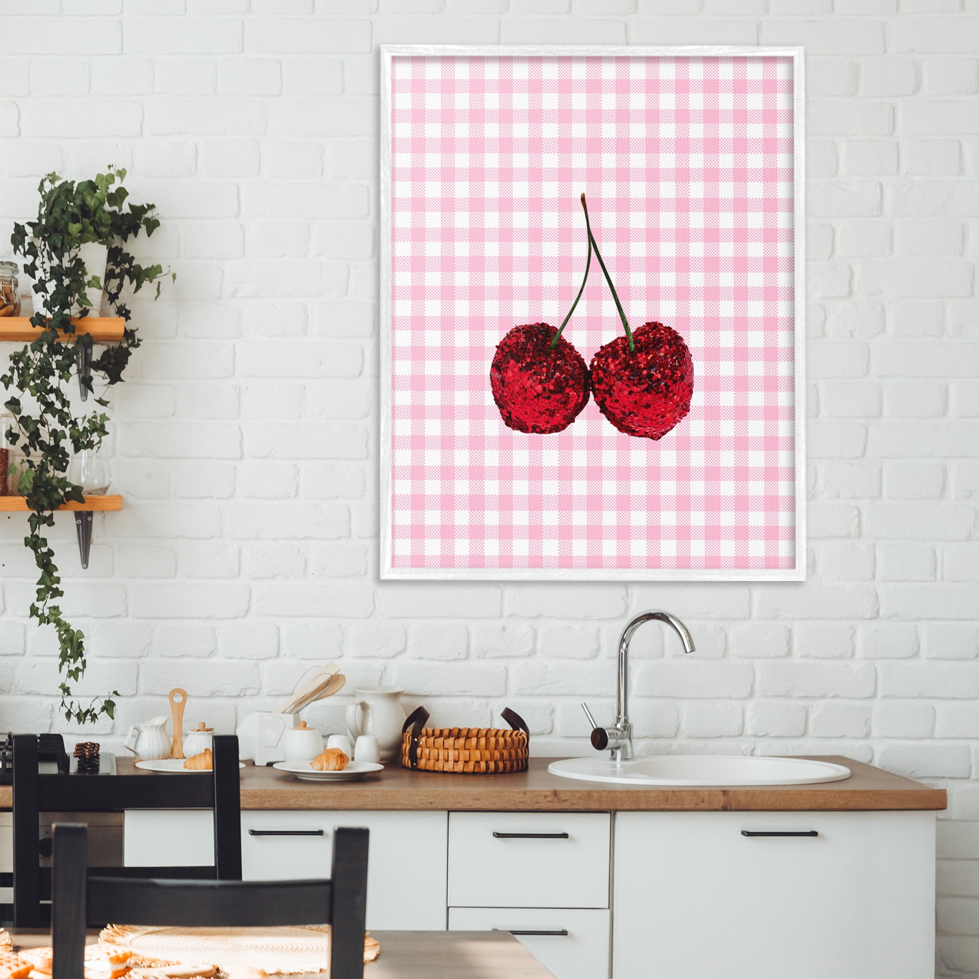 Stupell Industries Glitter Cherry on Pink Gingham White Framed Giclee Art, design by LISH Creative