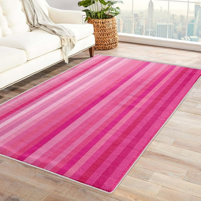 Washable Rugs 6x8 Hot Pink Rug & Home Decor - Living Room Rug, Girls Striped Rugs for Bedroom, Non Slip Soft Low Pile Large Indoor Area Rug, Stripe Carpet & Room Decorations X-&90