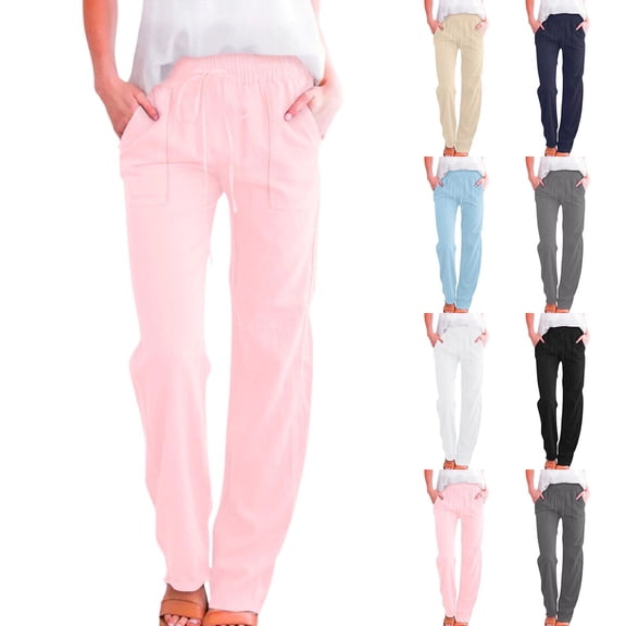 Womens Cotton Linen Pants Lightweight Drawstring Elastic Waist Pant Casual Wide Leg Lounge Trousers with Pockets Pink S
