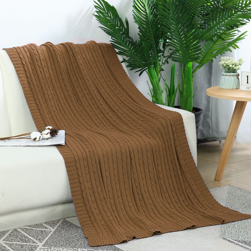 Cotton Blanket Decorative Cable Knitted Throw Soft Knit Blanket, Brown