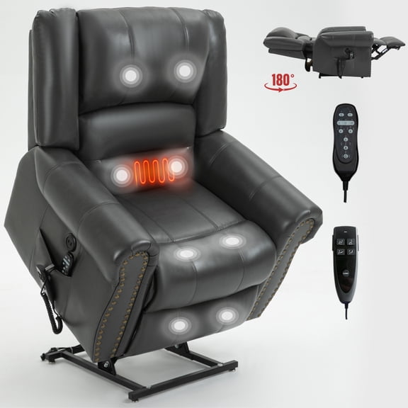 Power Lift Recliner Chair Heat Massage Dual Motor Infinite Position Up to 350 LBS, Genuine Leather, Heavy Duty Motion Mechanism with USB Ports, Black