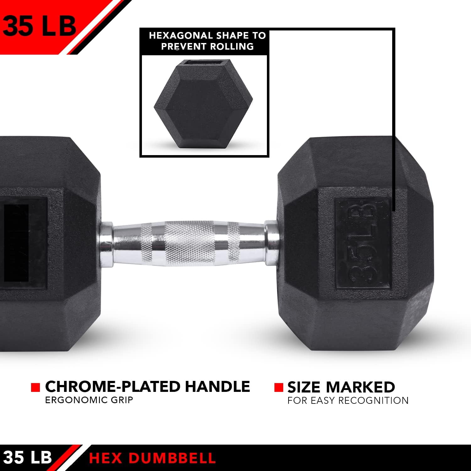 JFIT Rubber Hex Dumbbells - 8 Size Options - Hex Shaped Heads Prevent Rolling and Injury - Ergonomic Hand Weights for Exercise, Muscle, Strength and Weight Training