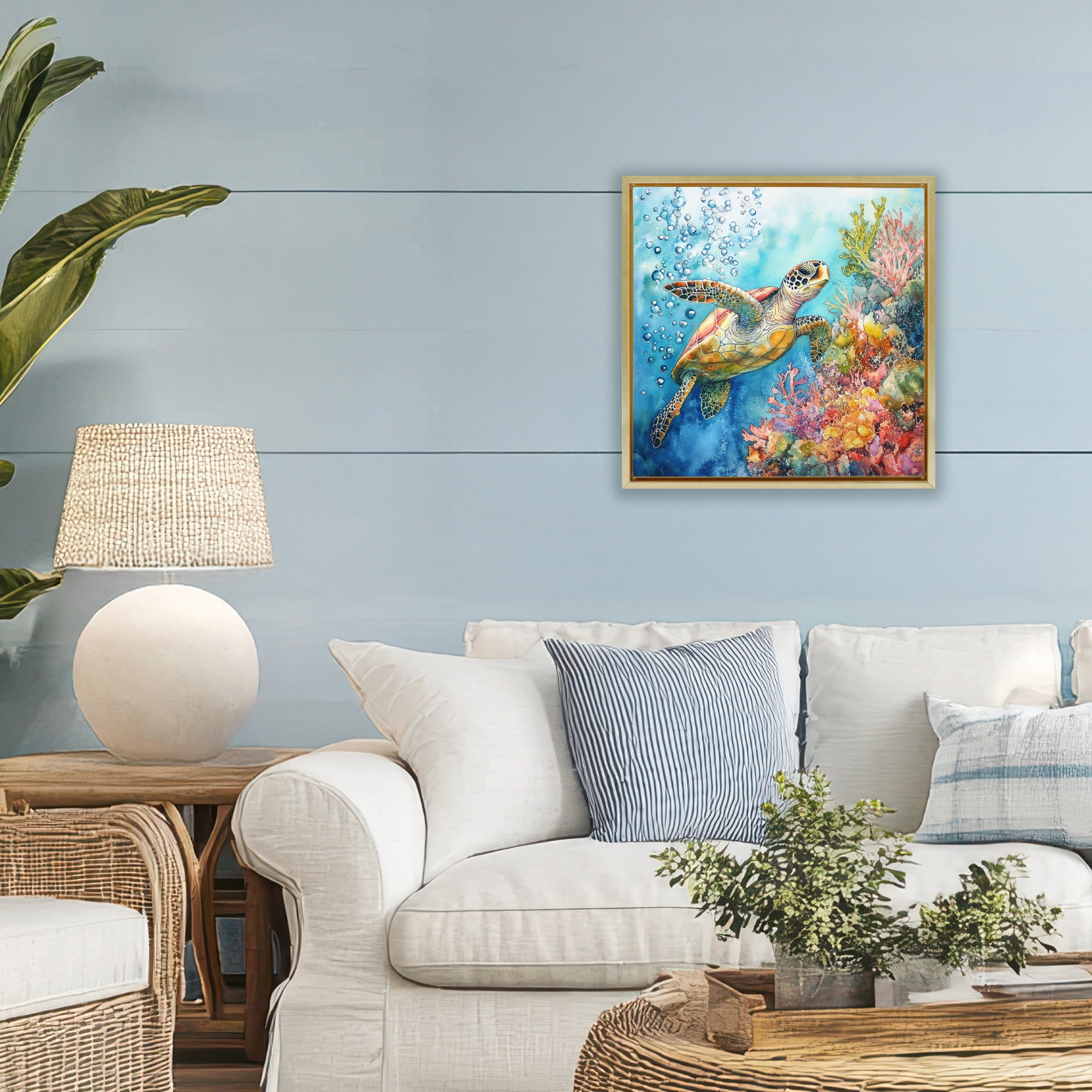 Stupell Industries Underwater Sea Turtle Bubbles Gold Framed Floater Canvas Wall Art, design by Tina LeCour