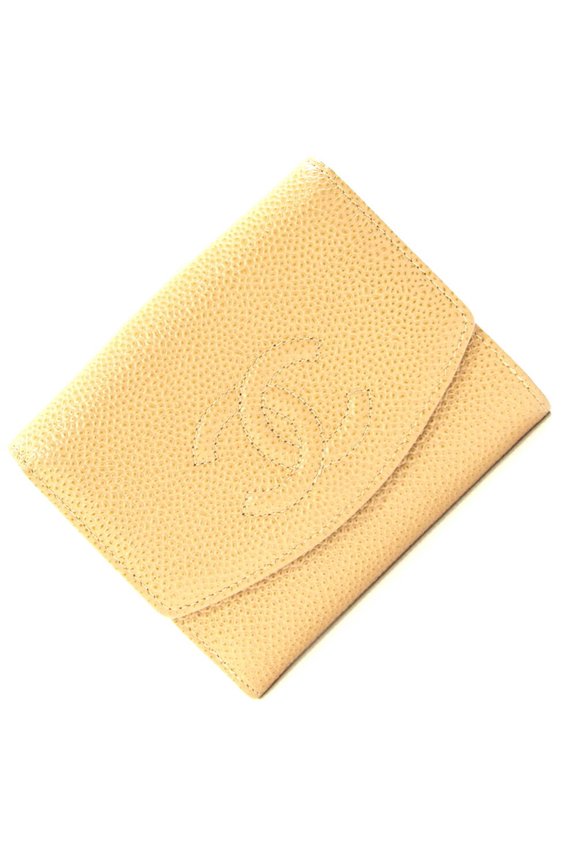 Pre-Owned CHANEL Double Wallet with Coco Mark A13496, Beige Caviar Leather,... (Good)