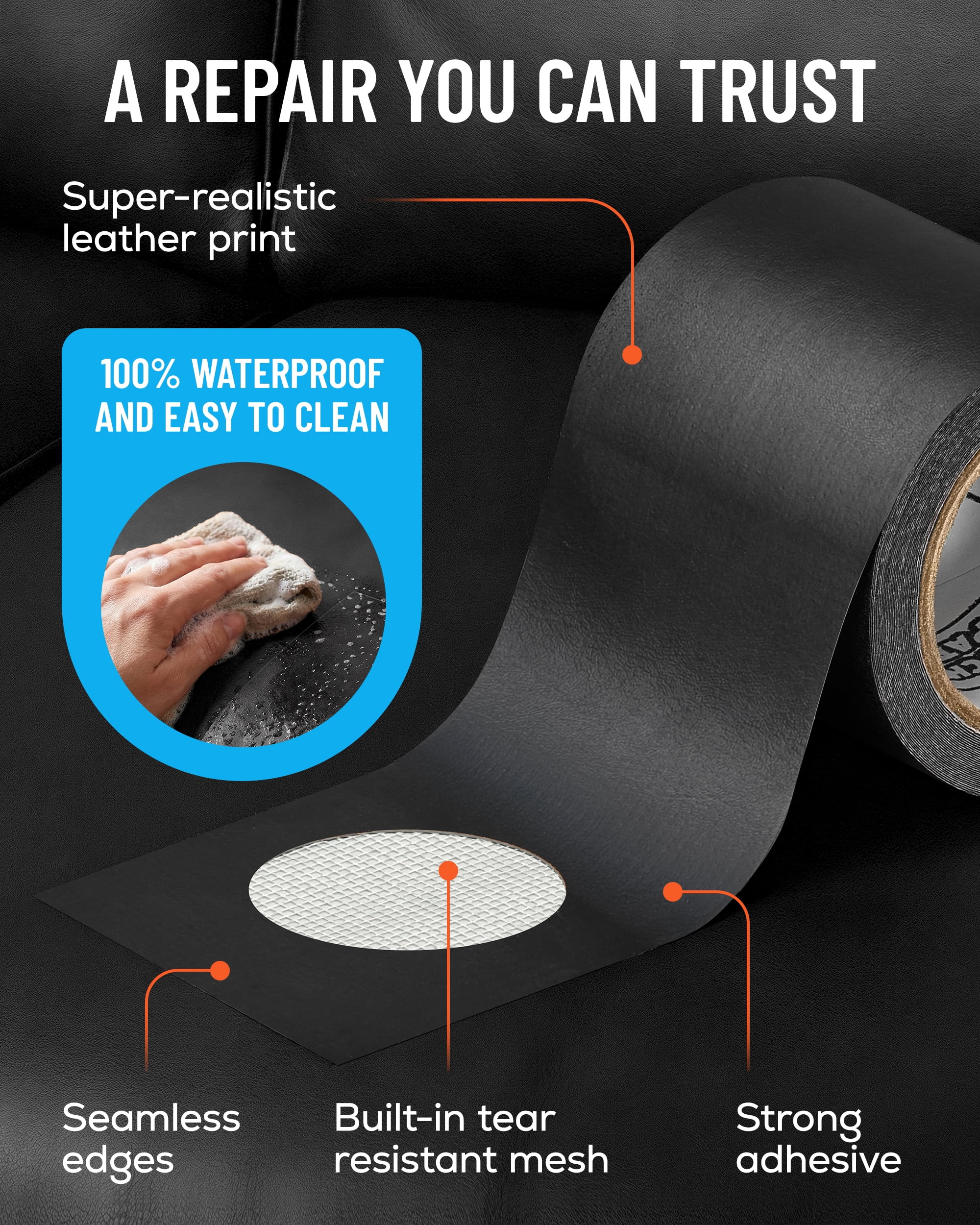 MATCH 'N PATCH Leather Repair Tape - Black (2.25 inch x 15 feet) - Realistic Faux Leather Patches for Couch, Sofa, Upholstery, Car Seats & Other Furniture, Vinyl Repair Kit, Self Adhesive Patch