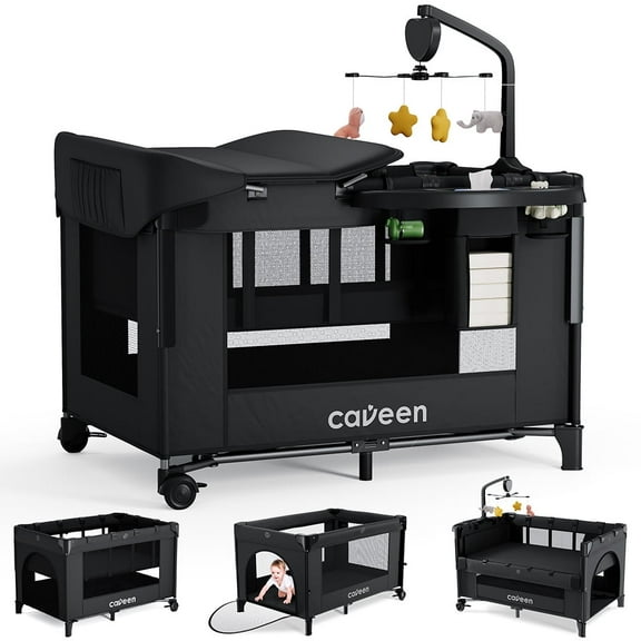 Baby Bassinet, Caveen 5 in 1 Baby Playard with Bassinet, Portable Baby Crib, with Removable Changing Station & Storage Organizer, Black