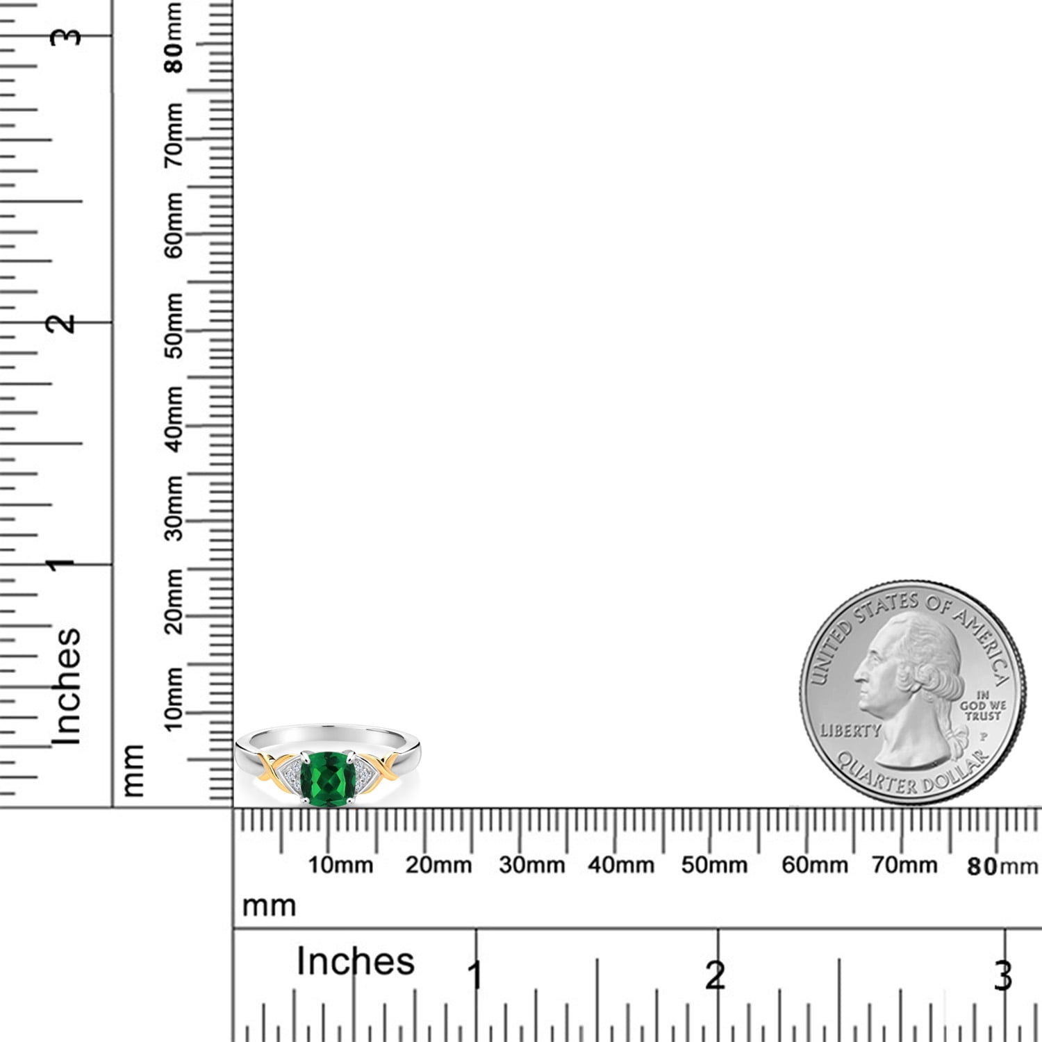 Gem Stone King 925 Sterling Silver and 10K Yellow Gold Cushion Green Nano Emerald and White Lab Grown Diamond Engagement Ring for Women (1.03 Cttw, Available in Size 5, 6, 7, 8, 9)