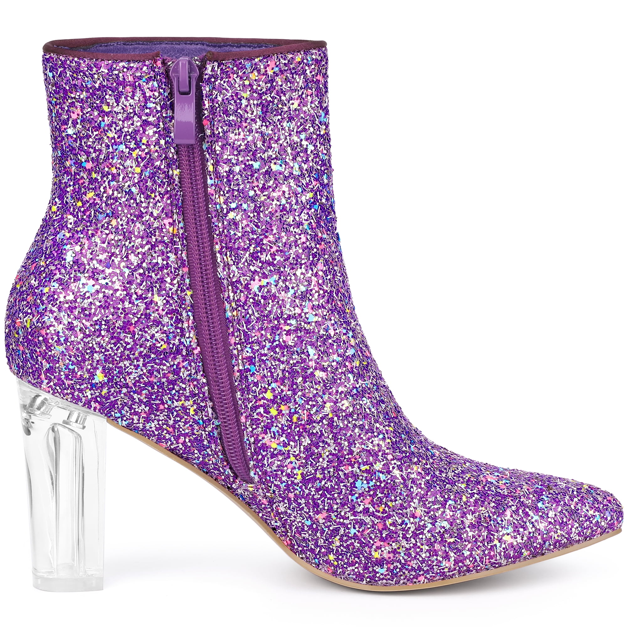 DARING DIVA Clear Block Heel Glitter Prom Ankle Booties Purple 9.5