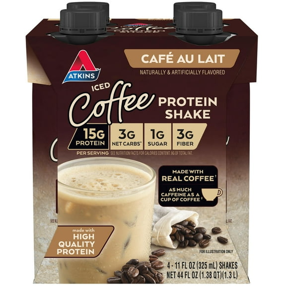 Atkins Café au Lait Iced Coffee Flavored High Protein Shake, Low Sugar and Low Carb, Keto Friendly, Ready to Drink Protein Shake, 4 Count