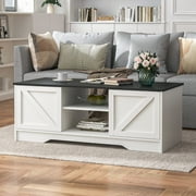 Bestco 47" Farmhouse Coffee Table with Sliding Doors Rustic Center Table White & Black