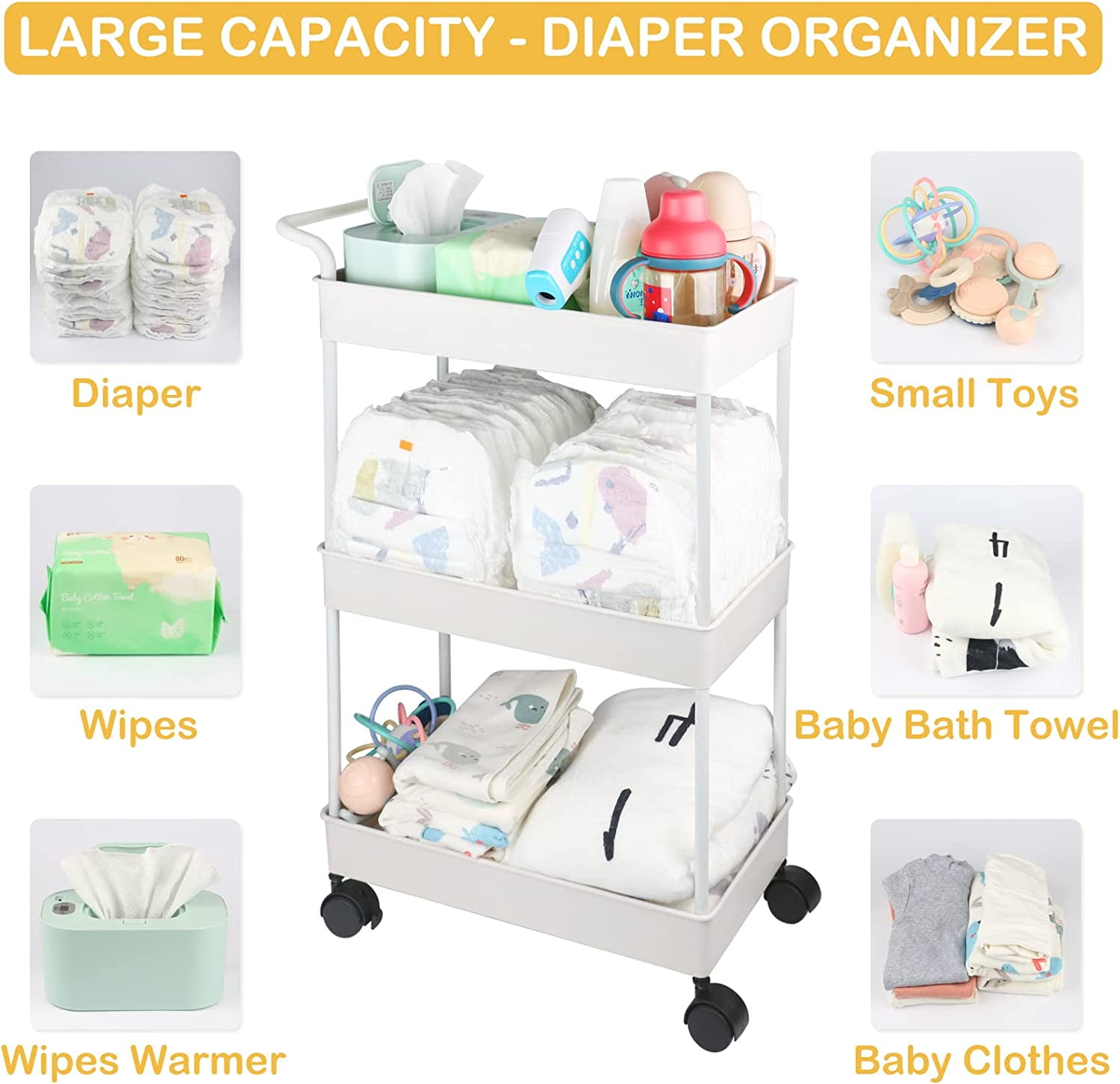 Diaper Caddy, Plastic Movable Cart for Newborn Nursery Essentials Diaper Storage Organizer with 3-Tier Design