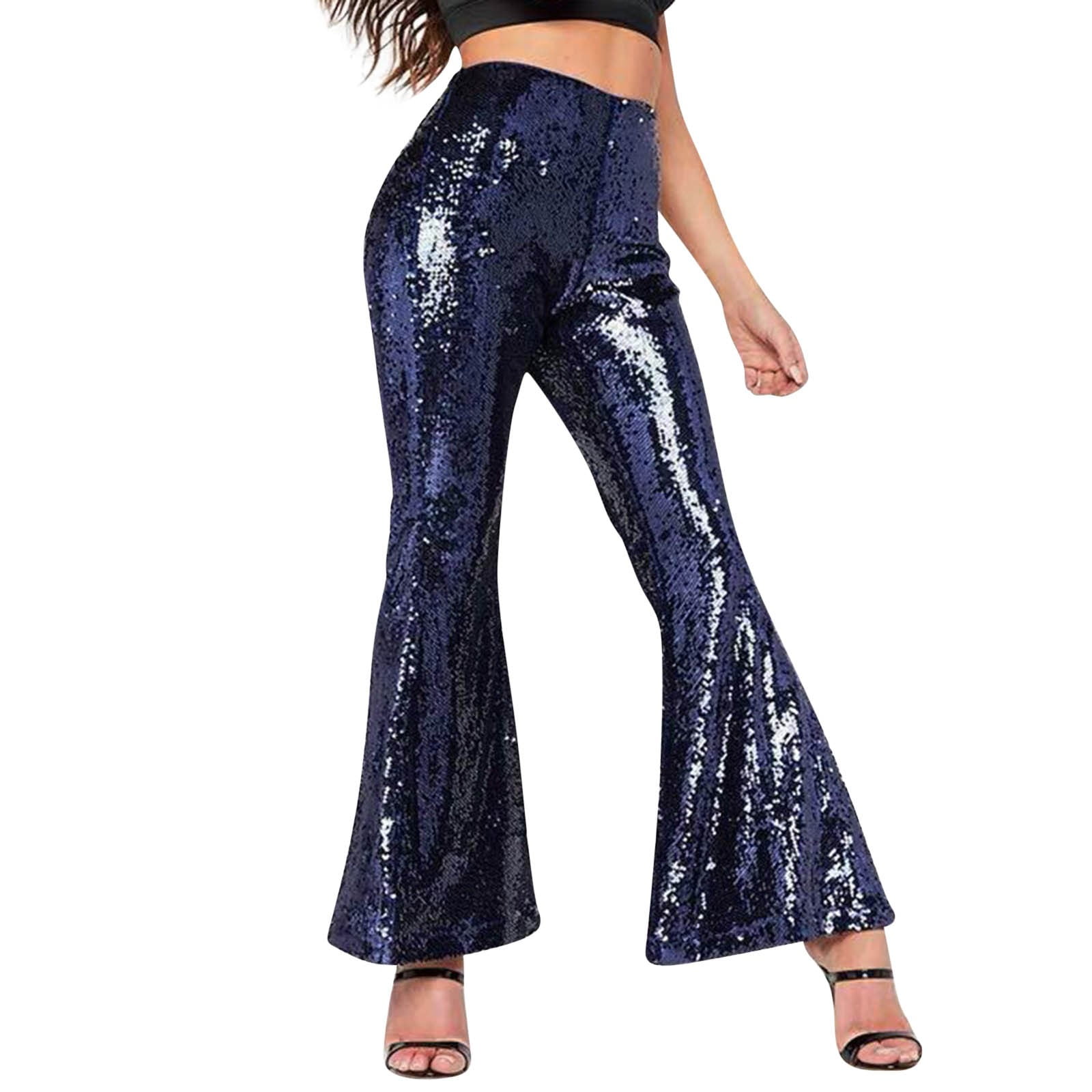 Sweatpants Women Baggy Sequined Shiny High Waist Stretch Flare