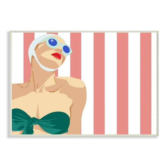 Stupell Industries Pop Vintage Female Swimsuit Bold Red Stripes Wall Plaque by Jen Bucheli