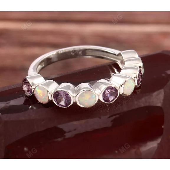 Opal Alexandrite Wedding Ring Band 3mm Half Eternity Small Eva Halo Alexandrite Ring October Birthstone Stackable Bridal Ring for Women Gift