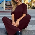 thumbnail image 5 of Dazajoo Womens Summer Loungewear Set 2 Piece Crew Neck Short Sleeve Tops with Wide Leg Pants Casual Beach Vacation Outfit Sets,Wine,XL, 5 of 8