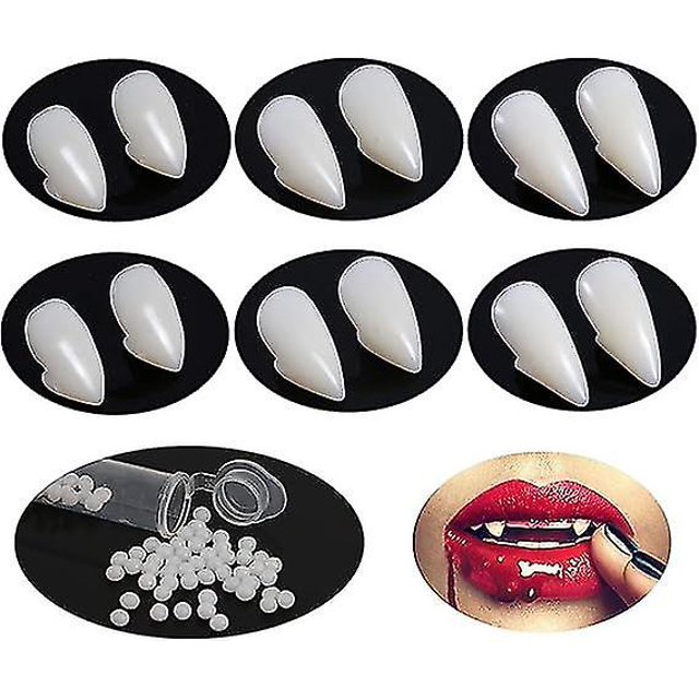 6 pares de colmillos de vampiro de 3 tamaños para cosplay con adhesivo, accesorio de decoración para fiesta de Halloween, dientes de vampiro falsos para niños/adultos