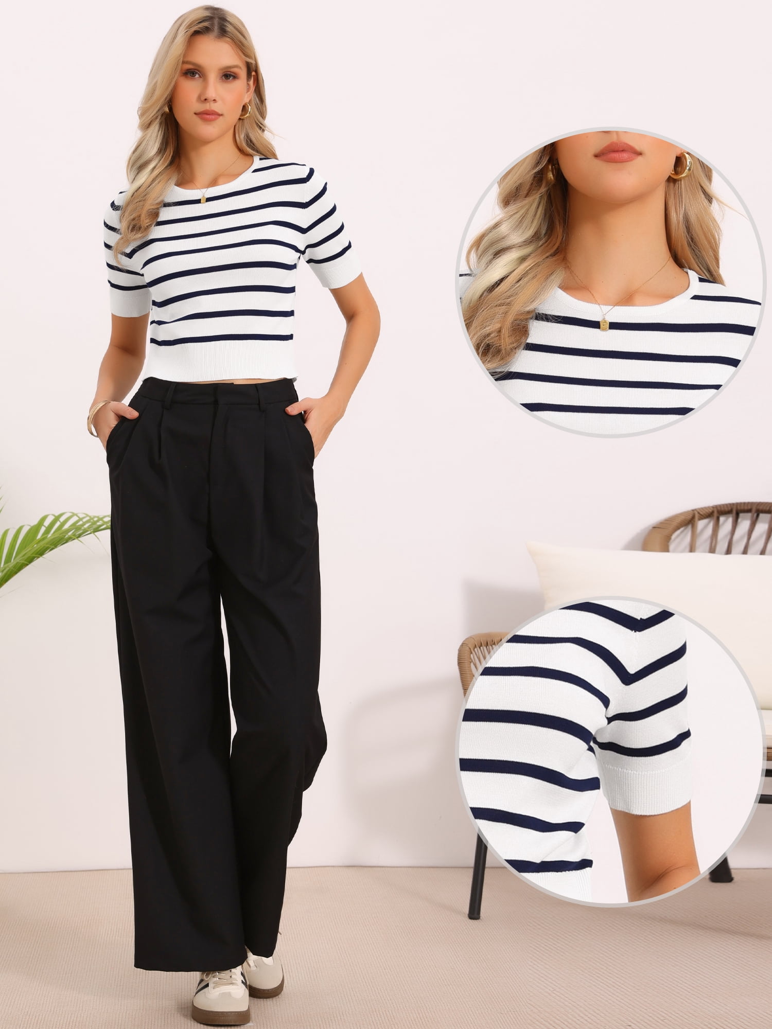 DARING DIVA Women's Short Sleeve Striped Crew Neck T Shirts S Navy Striped