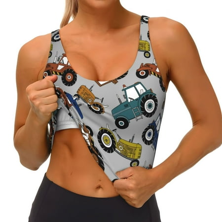 Qokaie Color Tractor Pattern Womens Scoop Neck Sports Bra Breathable Workout Vest Padded U Back Medium Impact Fitness Gym Yoga Bra Workout Crop Top
