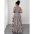thumbnail image 2 of Plus Size Womens Brown And White Striped Deep V-Neck Cap Sleeve Maxi Dress With Waist Tie, 2 of 7