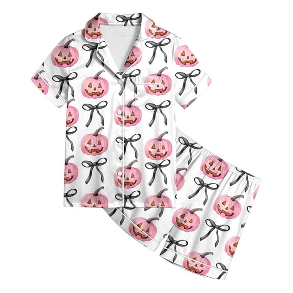 Weebloom Halloween Girls Pajama Set Satin Silk Large Size Collared Short Sleeved Pumpkin Bow Printed Blouse With Elastic Waist Shorts Set Girl Pajamas 2-3 Years