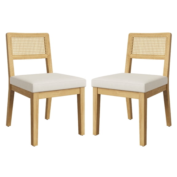 Rattan Dining Chairs Set of 2, Upholstered Kitchen Chair with Wood Legs, Modern Living Room Chairs with Rattan Backrest for Home Office Restaurant, Natural