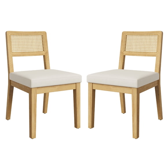 Rattan Dining Chairs Set of 2, French Country Wood Dining Chairs with Natural Cane Back and Upholstered Seat, Farmhouse Armless Side Chairs for Dining Room Kitchen, Black or Natural Color