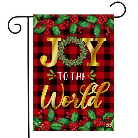 Joy To The World Christmas Double-Sided Garden Flag Checkered Berries 12.5" x 18" Briarwood Lane