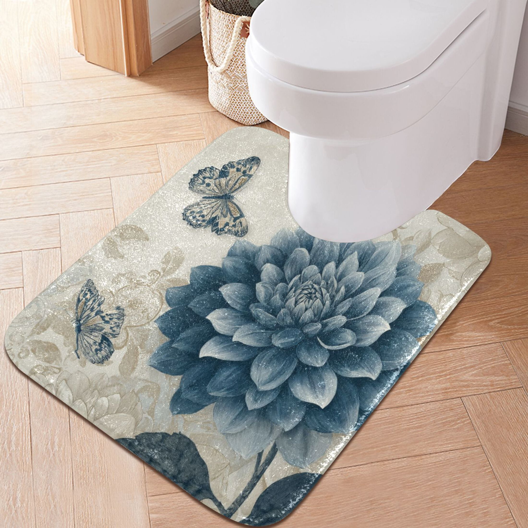 2 Piece Bath Mat Set with U-Shaped Toilet Mat and Rectangle Bath Rugs Non Slip Machine Washable Bathroom Mats Blue Flower with Butterflies