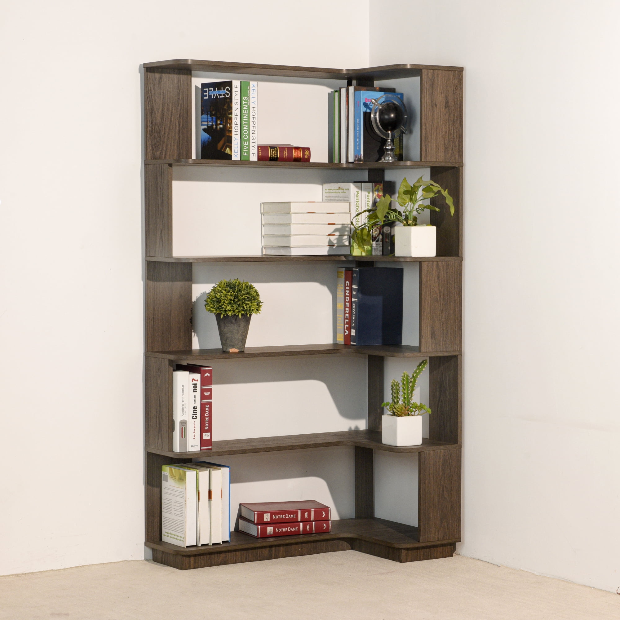 Leumius 5 Tier Freestanding Bookshelf,Wooden L-Shaped Corner Bookcase with Anti-drop Panel and Anti Tipping Device, Display shelf Open Storage,Dark Brown