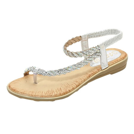 

Follure Girl women s casual shoes Women Ladies Crystal Casual Wedges Elastic Band Bohemian Beach Shoes Sandals Silver 36