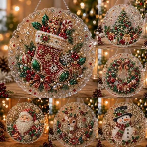 Christmas Pearl Diamond Art Hanging Ornament Kit, Diamond Art Suncatcher, 2027 New Luxury Flocked Canvas with Scratch-Resistant Non-Fading Pearl Beads DIY Handmade Holiday Hanging Decor