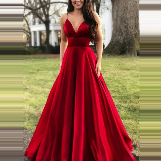HKEJIAOI Liquidation des Ventes Robe Femme Mode Femme Couleur Unie Aguichant Col en V Bretelles Sans Manches Robe de Soirée Rouge