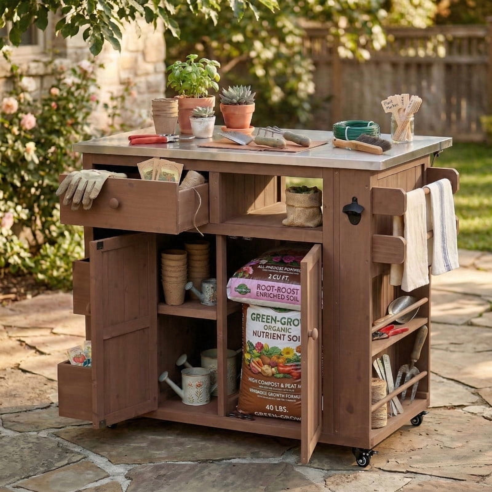 Outdoor Solid Wood Kitchen Island, Extendable Stainless Steel Top Grill Table with Drop Leaf, Storage Kitchen Cart