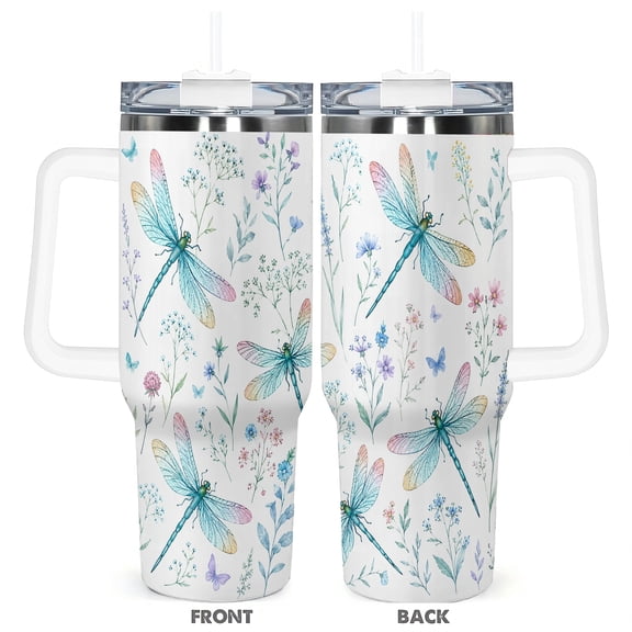40oz Dragonfly Wildflower Insulated Tumbler with Handle and Straw Lid Car Cup Holder Travel Coffee Mug Spring Gift for Women