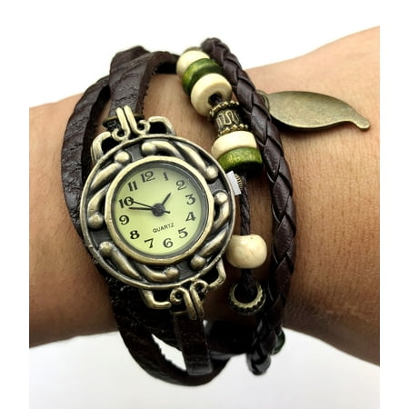Double Wrap Around Bracelet - Fashion Weave Wrap Around Leather Bracelet Lady Woman Wrist Watch - brown
