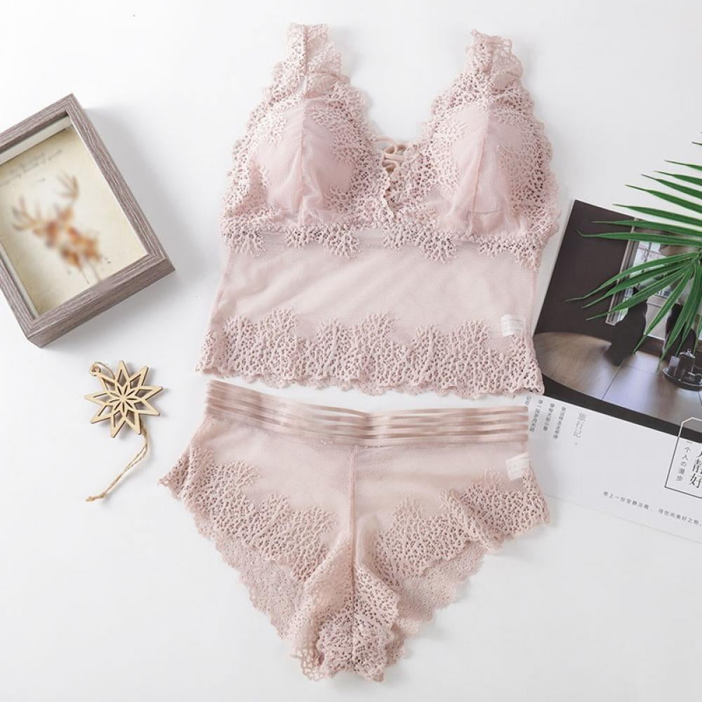 2Piece Lace Trim Underwear Seamless Bralette and Panty Set Sexy