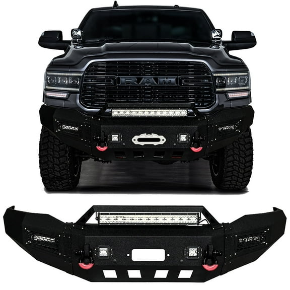 Vijay Compatible with 2019-2020-2021-2022-2023-2024-2025-2026 RAM 2500/3500 Front Bumper Textured Black Steel with Lights and D-rings