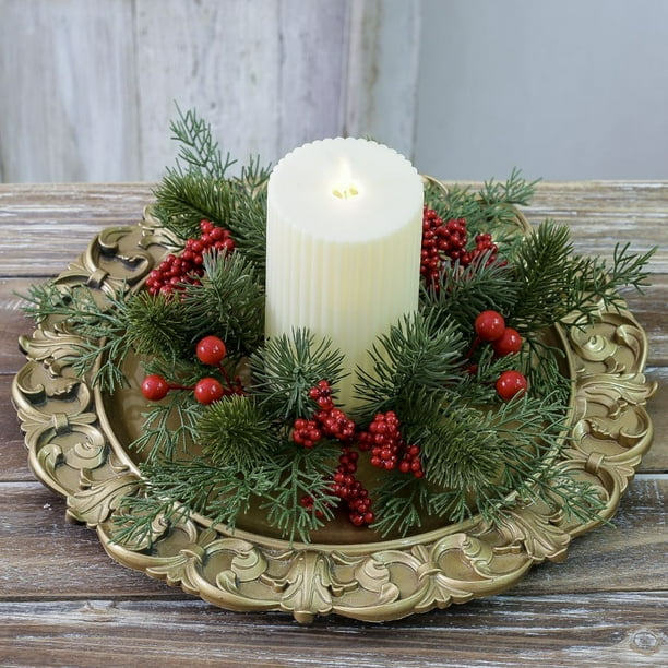 Guirnalda navideña con velas y frutos rojos | Decoración artificial de eucalipto y cedro | Centro de mesa para decoración navideña