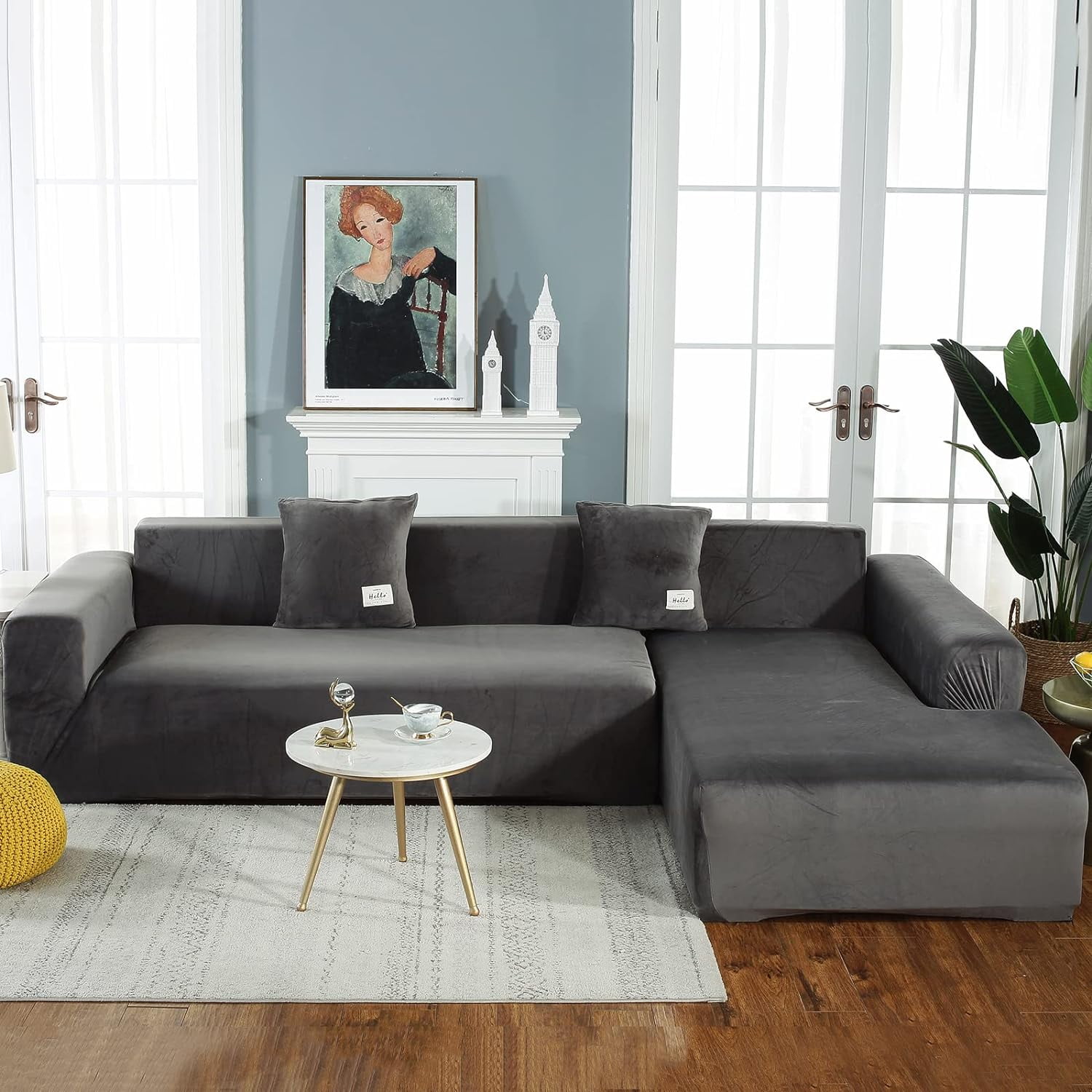 SHANNA Thick Velvet L Shape Sofa Covers, Non-Slip Sectional Couch Cover Protector Plush Sofa Slipcovers with 2pcs pillowcase for Living Room