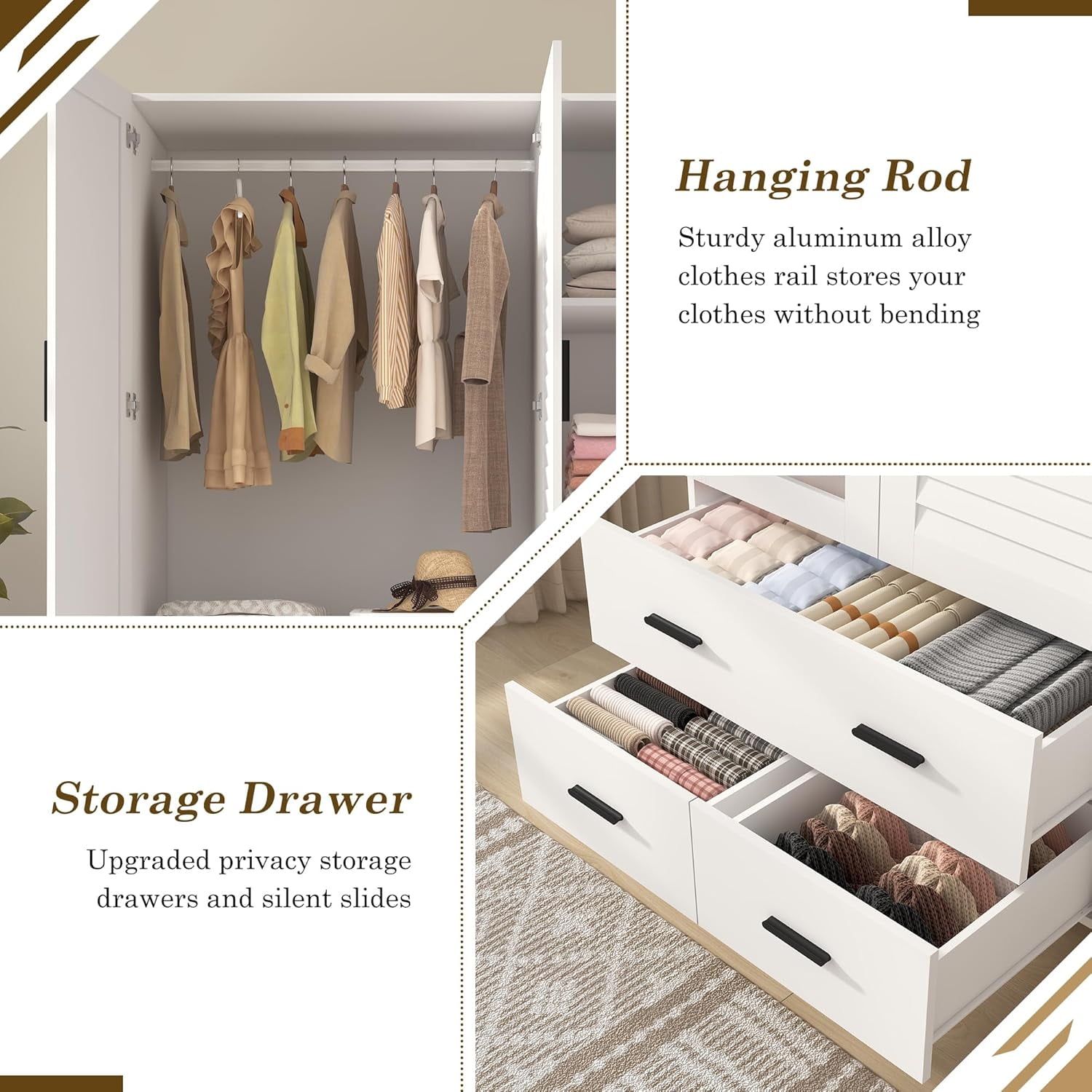 Blotout 70" Armoire Wardrobe Closet with Mirror & LED Lights, LED White Louver Door Wardrobe Armoire with 3 Drawers & Hanging Rods, Large 3 Doors Armoire Storage with Multi-Layer Shelves