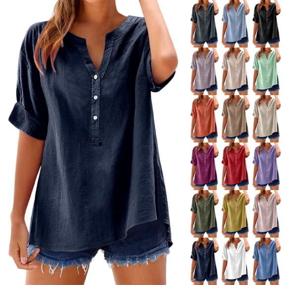 Women's Dressy Casual Tops Solid Color Business Work Shirts Short Sleeve Button Down V-Neck Fashion Blouses