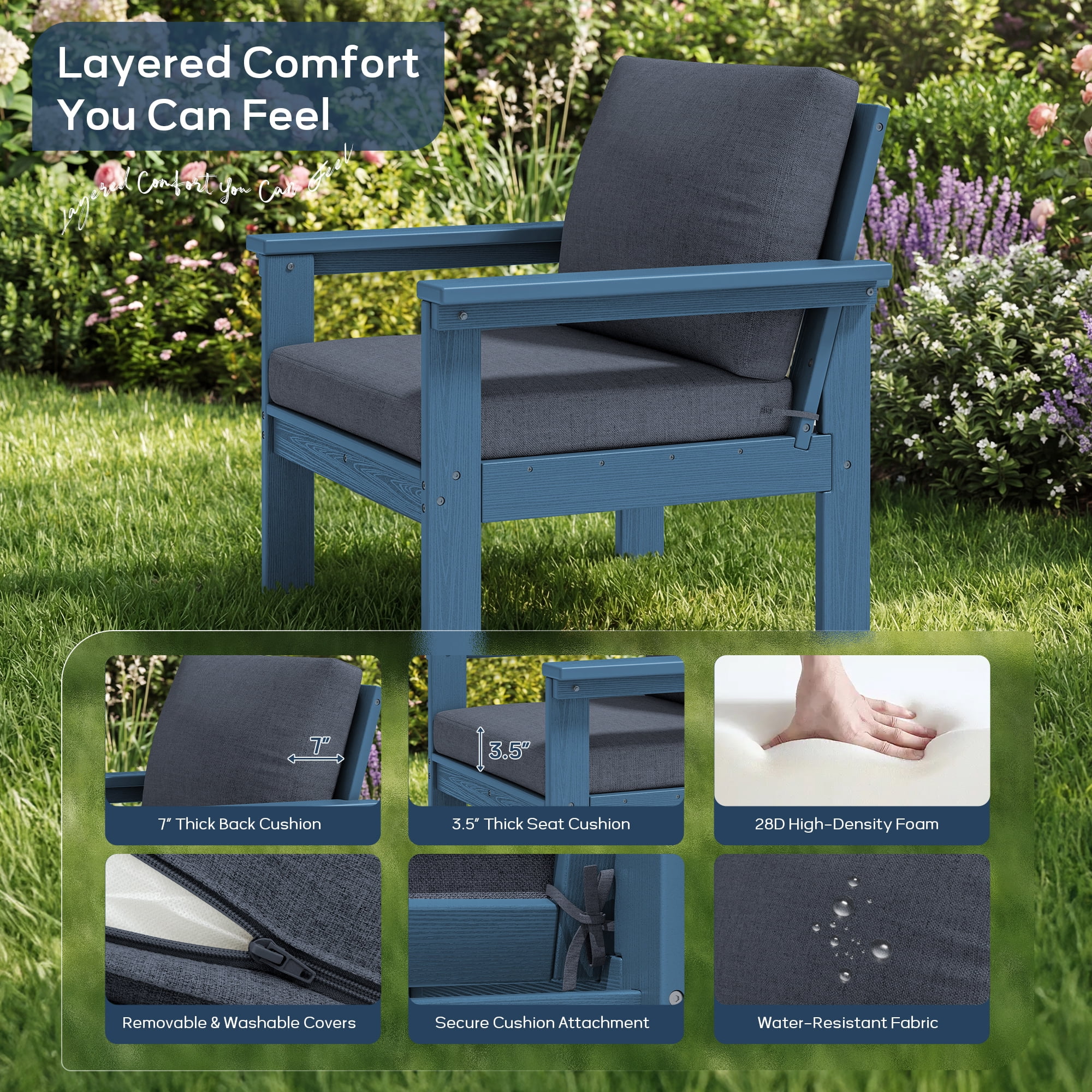 SERWALL Outdoor Patio Furniture Set, 7-Piece HDPE Outdoor Sofa Set Patio Conversation Set, Blue Frame with Grey Cushions