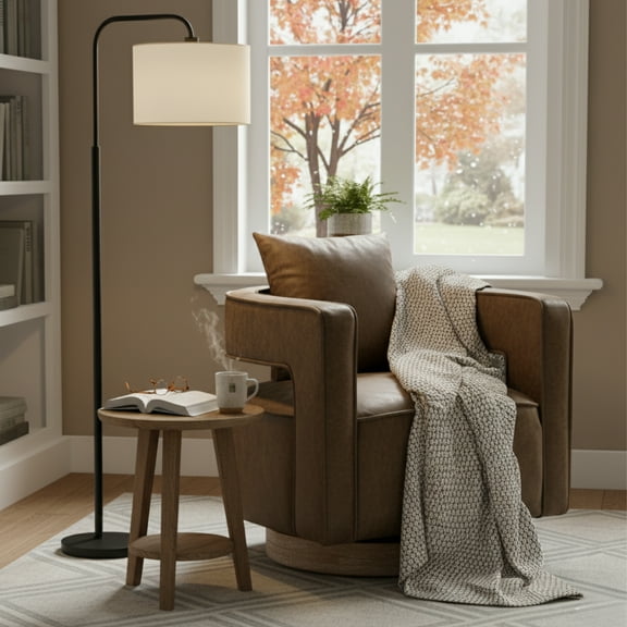 GOMYHOME Swivel Barrel Accent Chair, Faux Leather Armchair with Pillow for Living Room & Bedroom