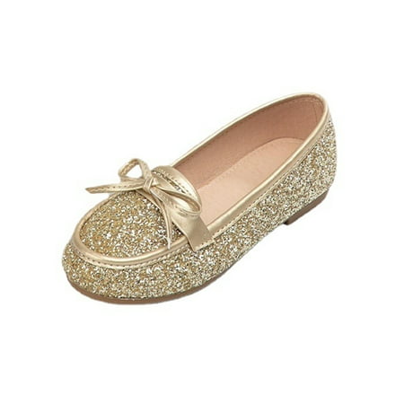

Woobling Girls Non-slip Slip On Flat Shoe Uniform Breathable Low Top Dress Shoes School Round Toe Flat Shoe Gold 2.5Y