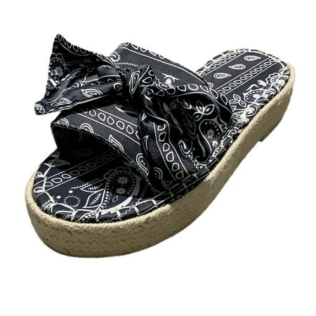 

VerPetridure Women s Sandals Summer Casual Slip-On Bow Flat Beach Open Toe Breathable Sandals Weave Shoes