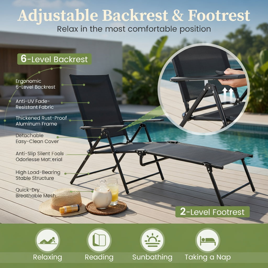 Hommoo 2-Pack Foldable Patio Chaise Lounge Chairs with 6-Position Reclining Backrest, Heavy-Duty Metal Frame, Quick-Dry Fabric, Black