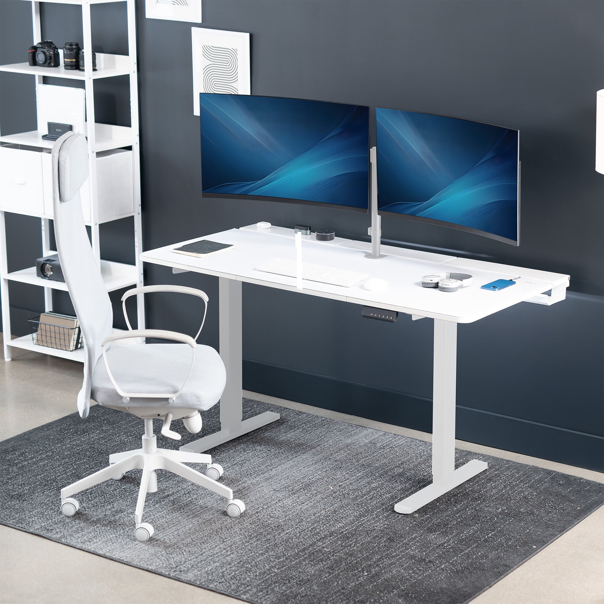 VIVO Electric 60" x 30" Desk, Full Pad, White Hidden Cable Tabletop, White Frame