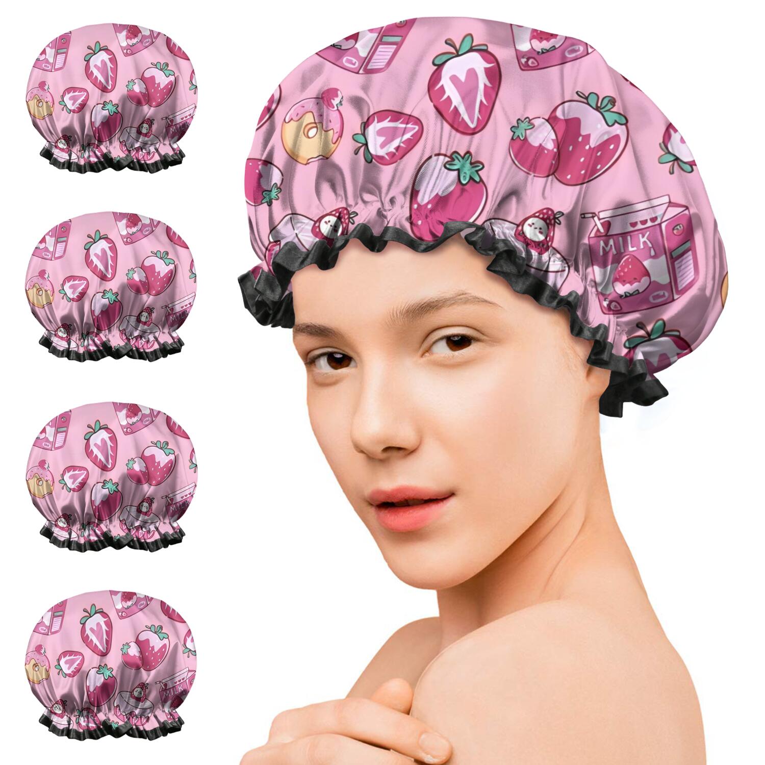 Shower Caps,Strawberry Plants Fruit Dessert Milk Pink Pattern Waterproof Shower Cap for Women 4 Pieces,Double Reusable Hair Cover for Shower PEVA Elastic Stretch Hem