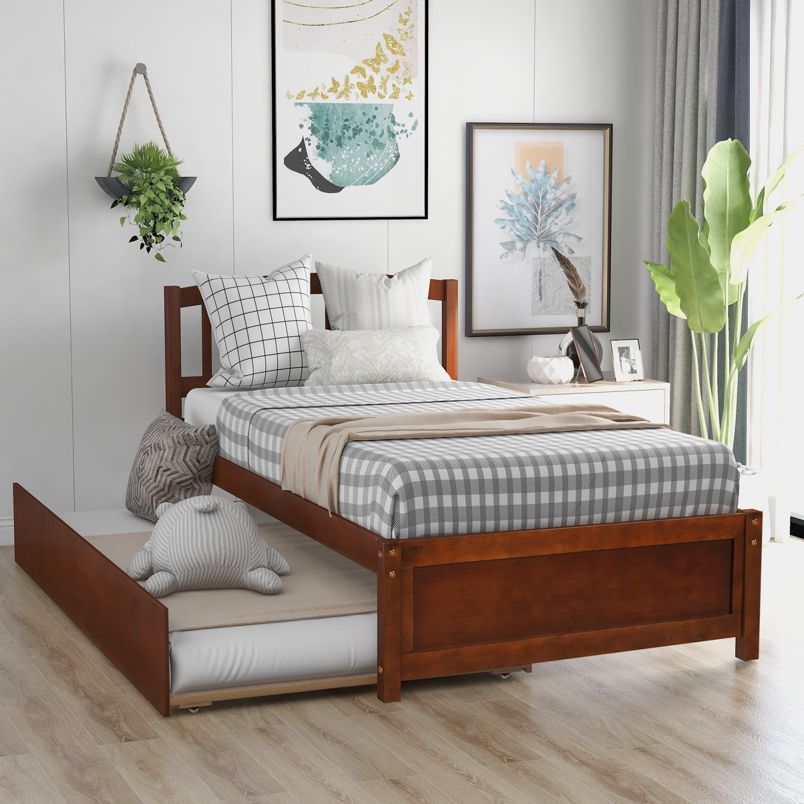 Details about   Twin Size Wood Bed Frame Platform with Trundle and wooden Slats Support Expresso 