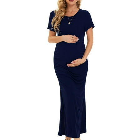 

Wassery Pregnant Dress Women Short Sleeve Crew Neck Pleated Maxi Dress Summer Slim Slit Maternity Dress